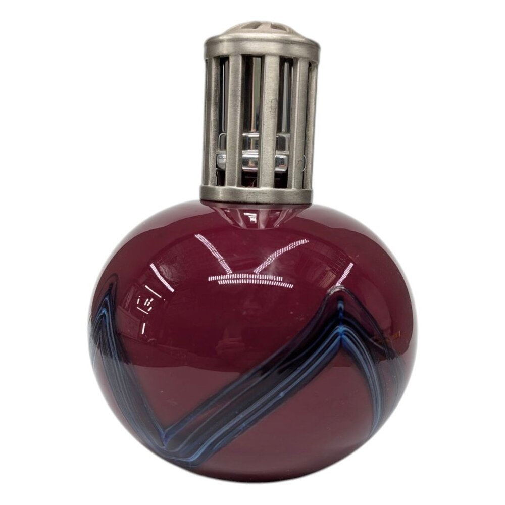 La Tee Da Fragrance Oil Lamp Maroon Blue Round with Metal Lid 6.15" Art Glass